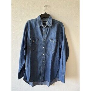 Wrangler Men's Blue Cotton Denim Long Sleeve Pearl Snap Shirt, Size 18 1/2 x 34